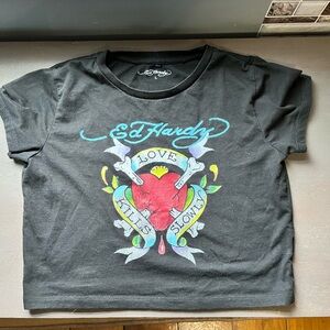 Ed Hardy Women’s Crop Top Black Graphic Skull Heart Tattoo Tee Size L Y2K